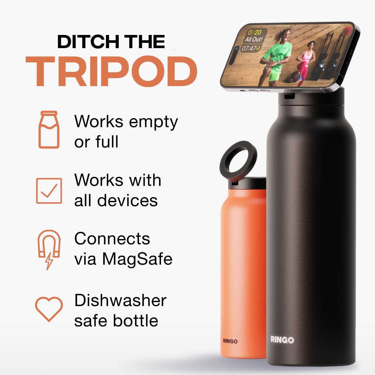 Ringo waterbottle with MagSafe-ring as phone holder 700 ml black